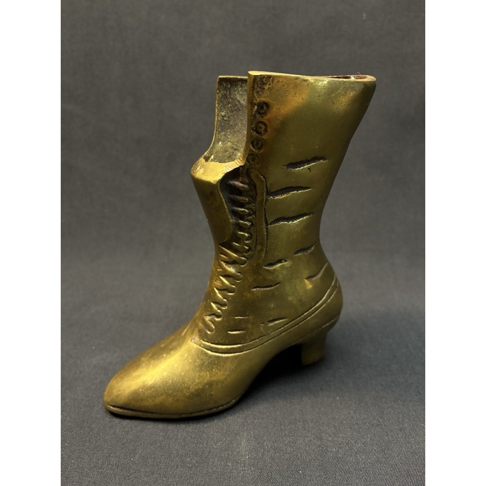 Vintage Solid Brass Victorian Witchy Boot Shoe Planter Fire Place Match Holder